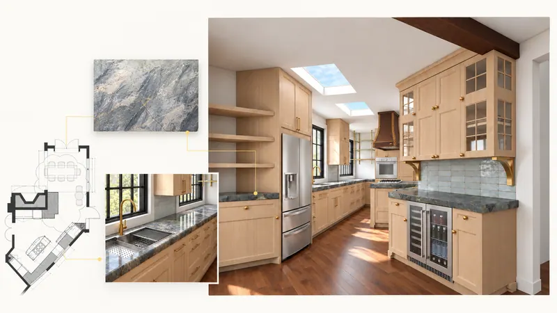 Presentation board taking a kitchen from plan and material samples to a finished interior render