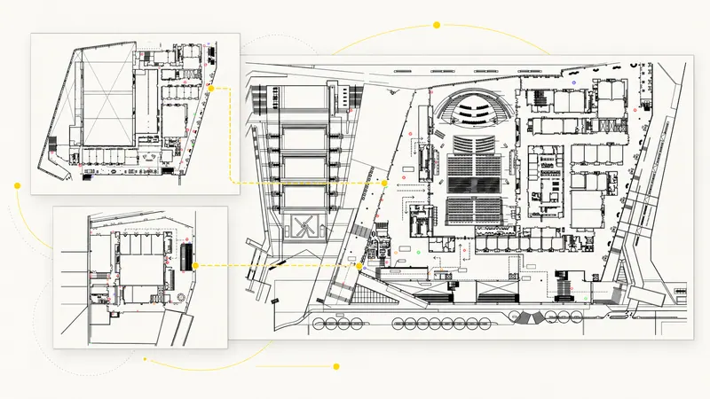 Three-level 2D circulation plan study showing movement and access across a large venue
