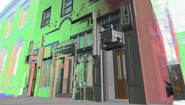 Point cloud of a street facade with carved stone entrance details