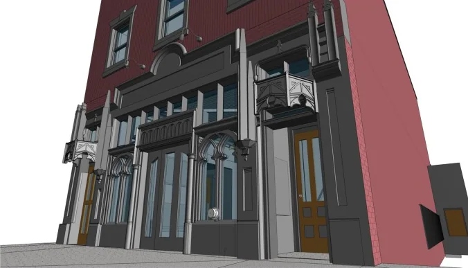Revit model of the same street facade with the entrance details modeled