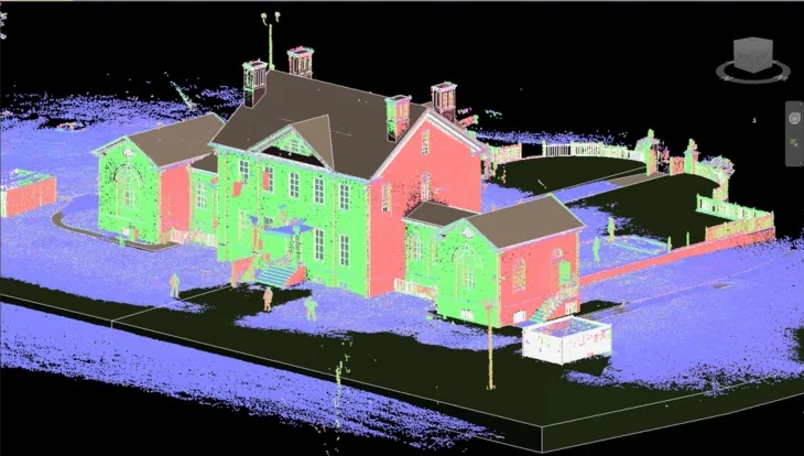 Coloured point cloud of a historic brick house and its grounds