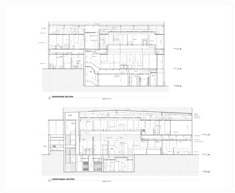 Sheet A107: Building sections from a Arizona, USA commercial revit existing conditions