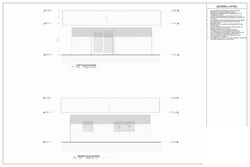 Sheet A2.1: Elevations: left and right from a California, USA residential addition permit set