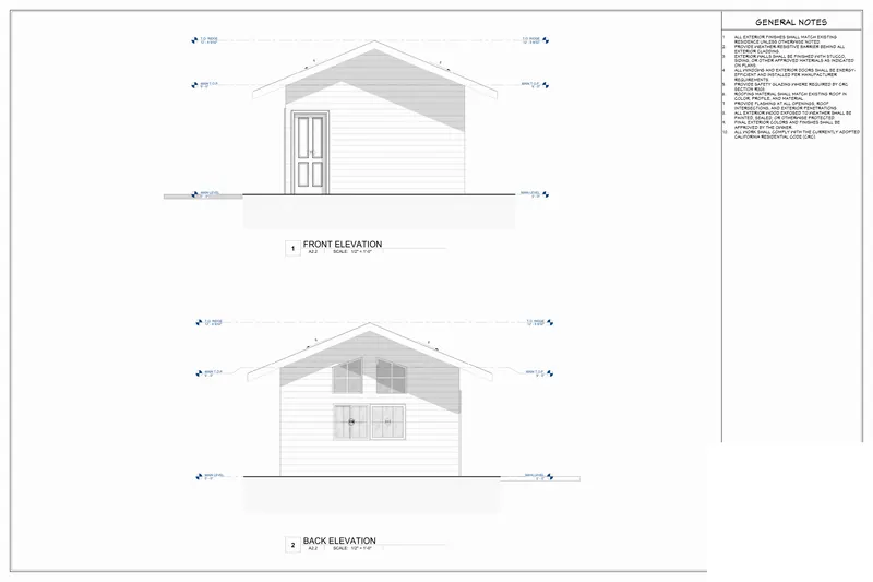 Sheet A2.2: Elevations: front and back from a California, USA residential addition permit set