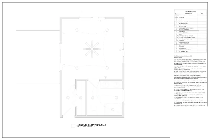 Sheet E1.2: Main level electrical plan from a California, USA residential addition permit set