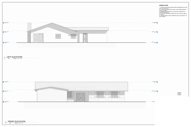Sheet A2.3: Elevations: left and front from a California, USA residential remodel permit set