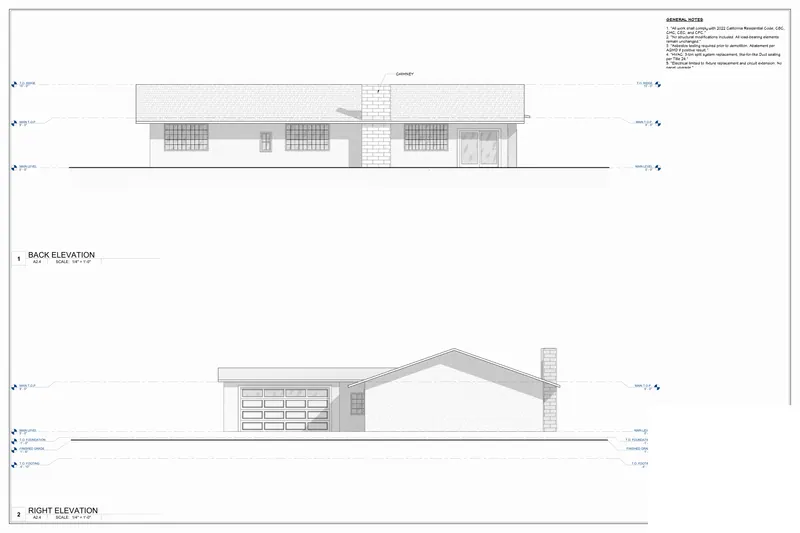 Sheet A2.4: Elevations: right and back from a California, USA residential remodel permit set