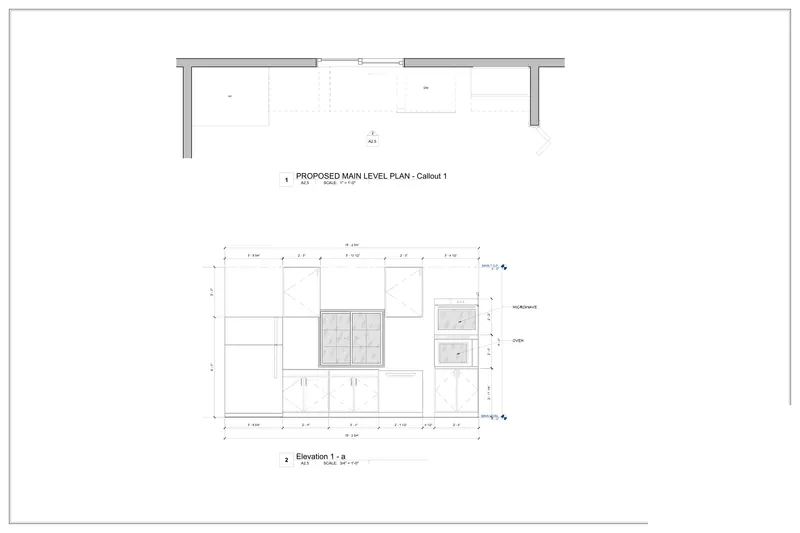 Sheet A2.5: Kitchen plan and interior elevation from a California, USA residential remodel permit set
