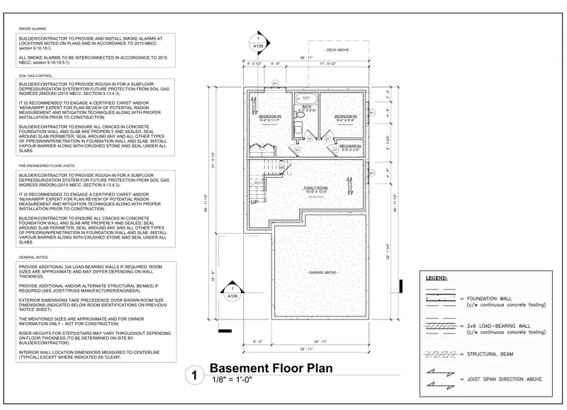 Sheet A105: Basement floor plan from the double-storey house drawing set