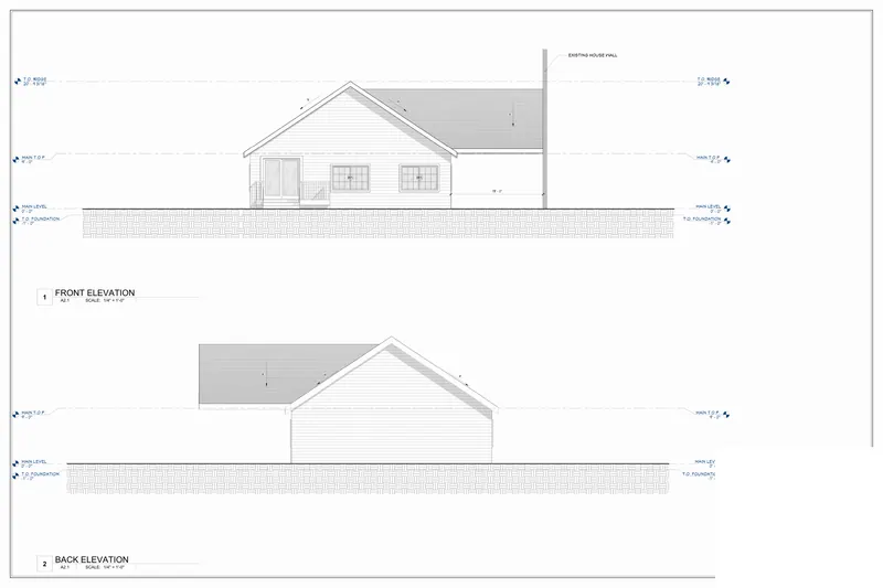 Sheet A2.1: Exterior elevations: front and back from a New York, USA residential addition permit set