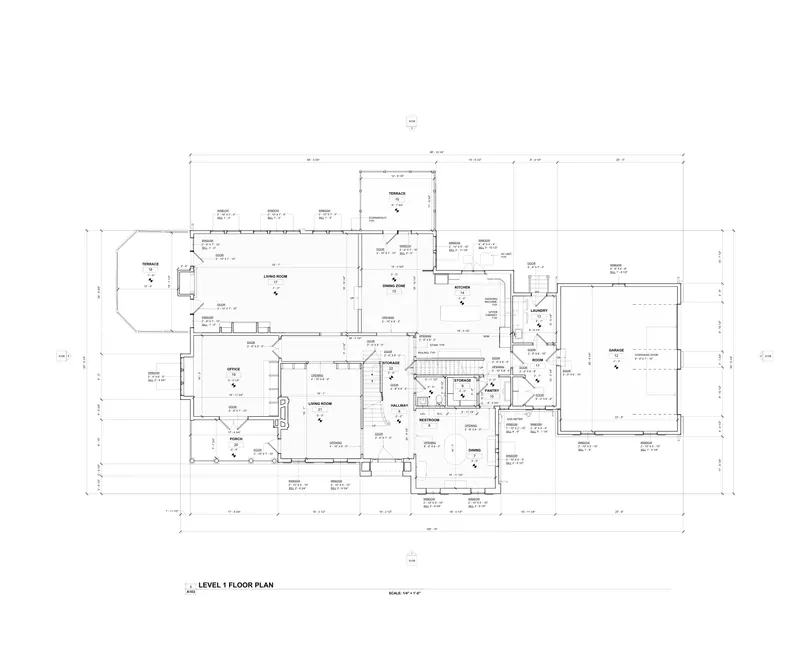 Sheet A103: Level 1 floor plan from a Pennsylvania, USA residential scan-to-bim existing conditions