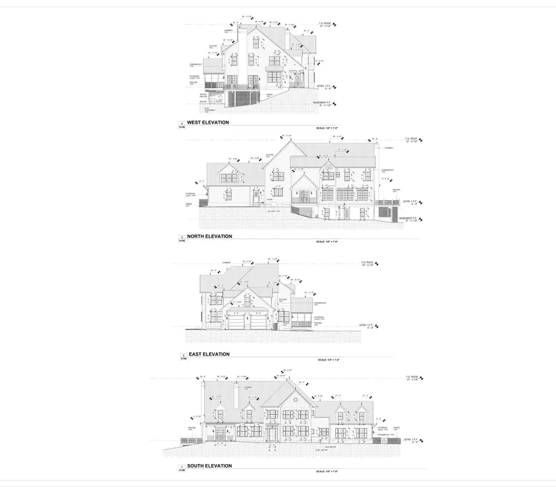 Sheet A106: Exterior elevations from a Pennsylvania, USA residential scan-to-bim existing conditions