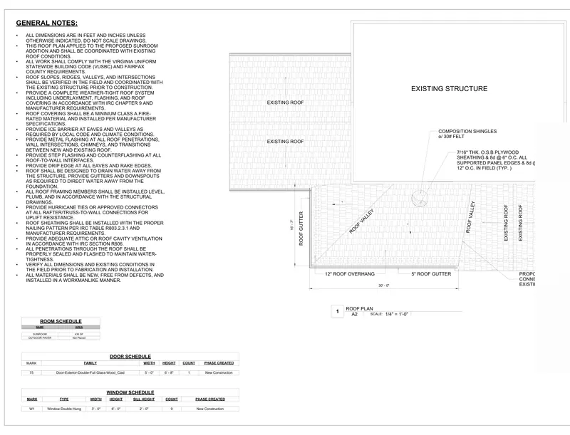 Sheet A2: Roof plan from a Virginia, USA sunroom addition permit drawings