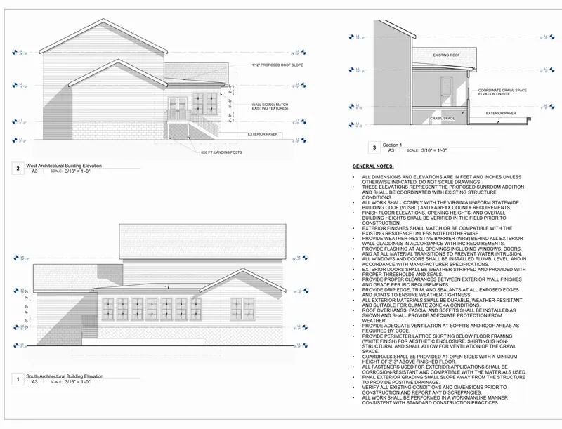 Sheet A3: Exterior elevations from a Virginia, USA sunroom addition permit drawings