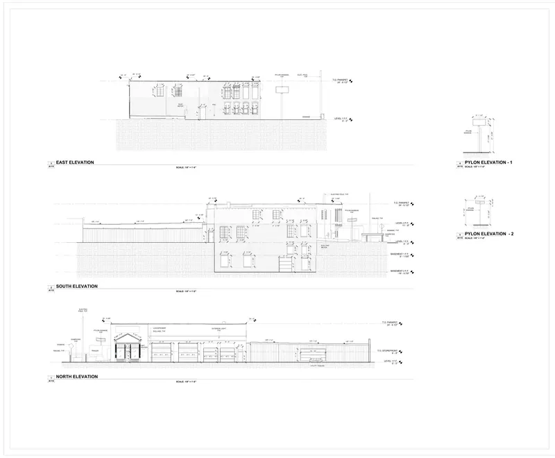 Sheet A115: Exterior elevations from a Vermont, USA commercial scan-to-bim existing conditions