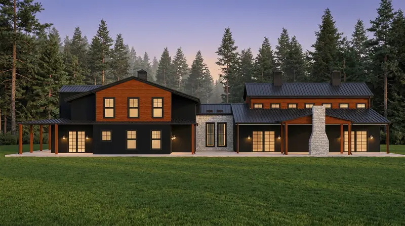 Architectural exterior visualization of a timber-and-stone residence at dusk
