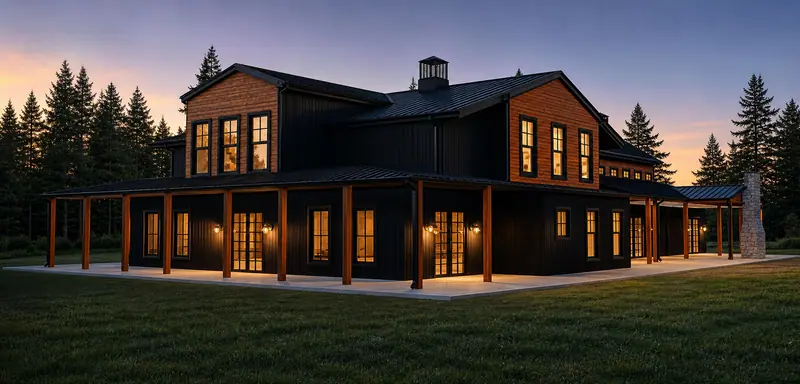 Two-storey residence with a wraparound timber porch glowing at dusk