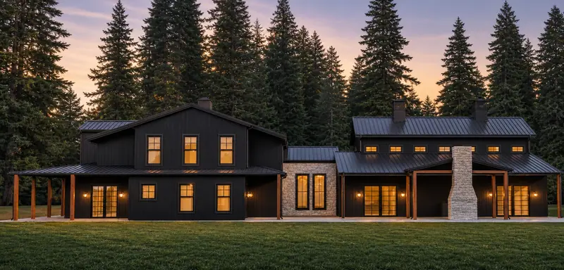Black-clad residence with lit windows and a stone chimney against a dusk sky