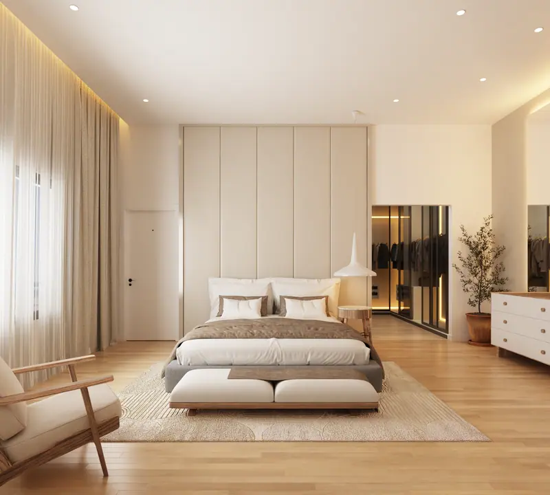 Bright bedroom interior with timber flooring, panelled wall and floor-to-ceiling curtains