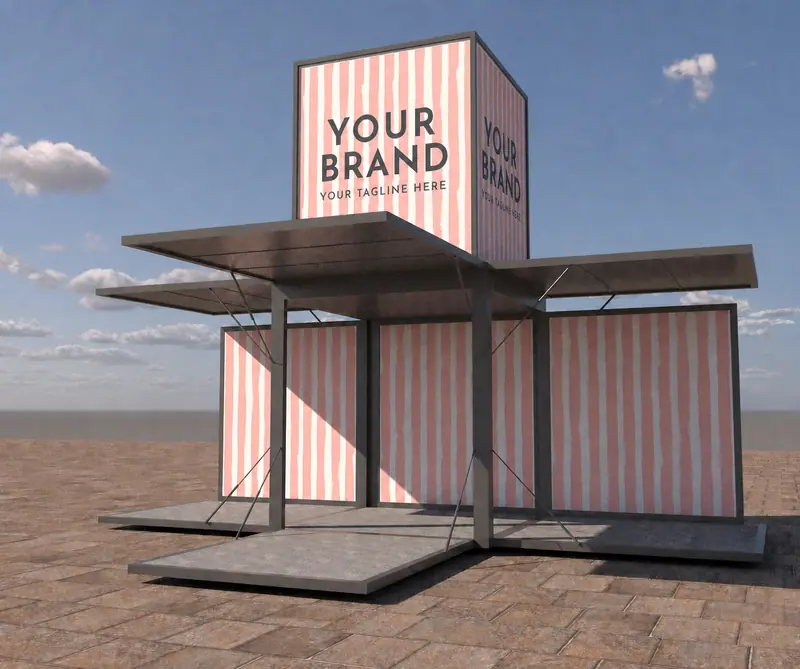 Exhibition booth concept with a pink-striped container, canopy and an illuminated brand tower (brand placeholder)