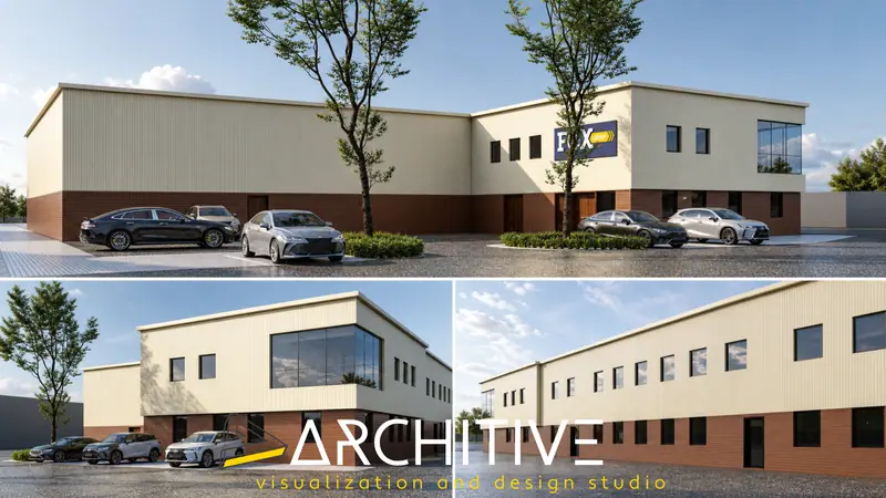 Commercial office building shown from three camera positions with cars in the foreground