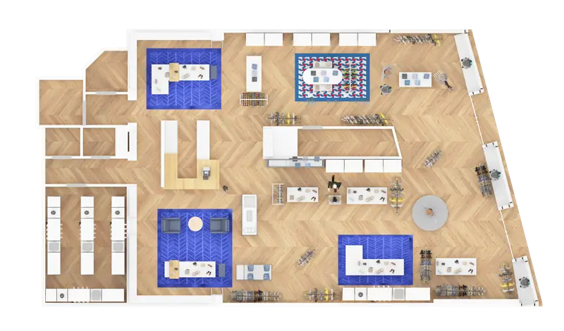 Top-down 3D floor plan with herringbone flooring, blue rugs and furniture layout