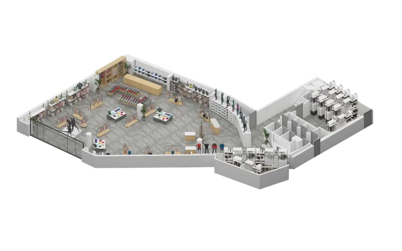 Isometric cutaway 3D floor plan of an irregular-shaped commercial space