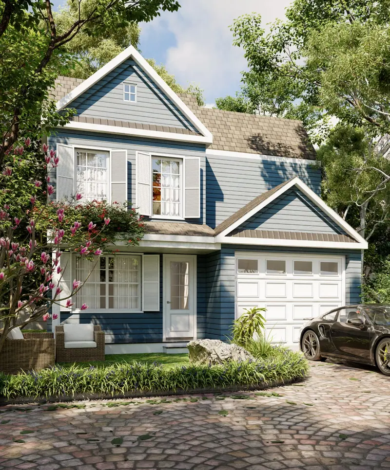 Blue clapboard family home with a gabled entrance, garden planting and cobbled drive