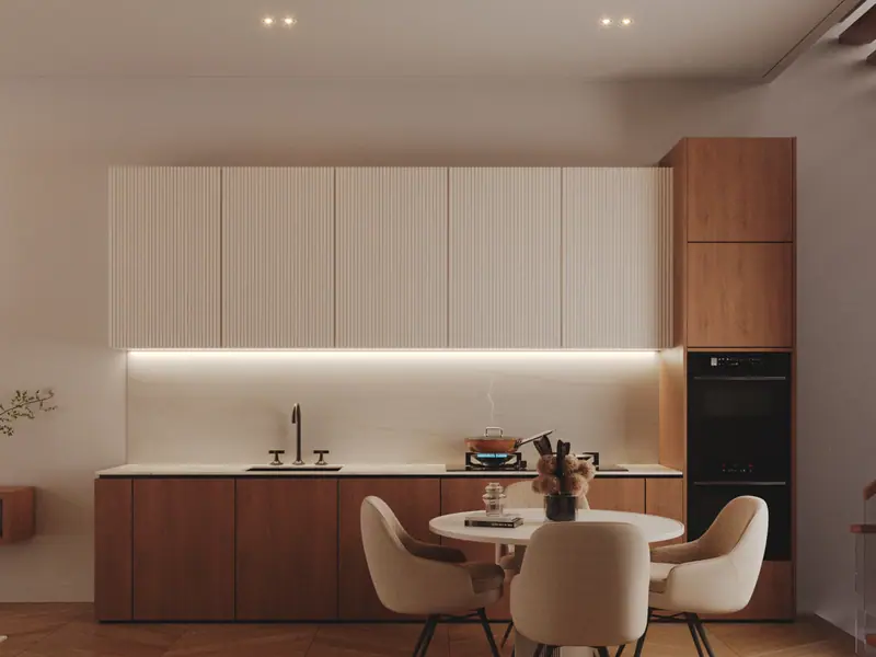 Modern kitchen with timber and white cabinetry and a round dining table
