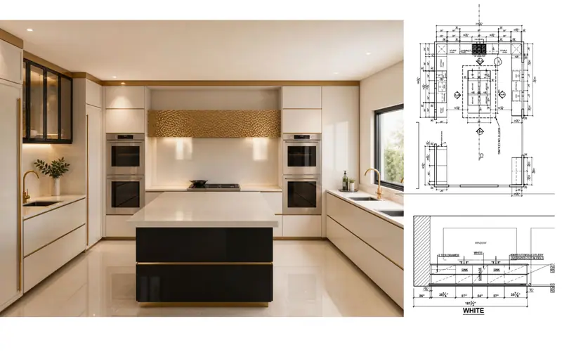 Kitchen render with island and tall cabinets shown beside the plan and elevation drawings
