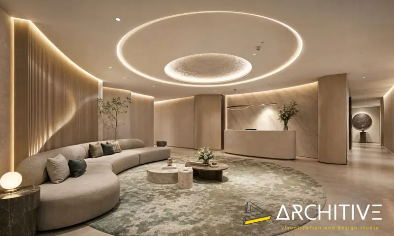 Lounge with a curved sofa, timber slat walls and a circular recessed ceiling feature